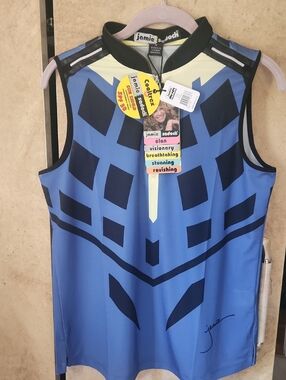 jamie sadock Blue and Navy Geometric Sleeveless Golf Top with Zip